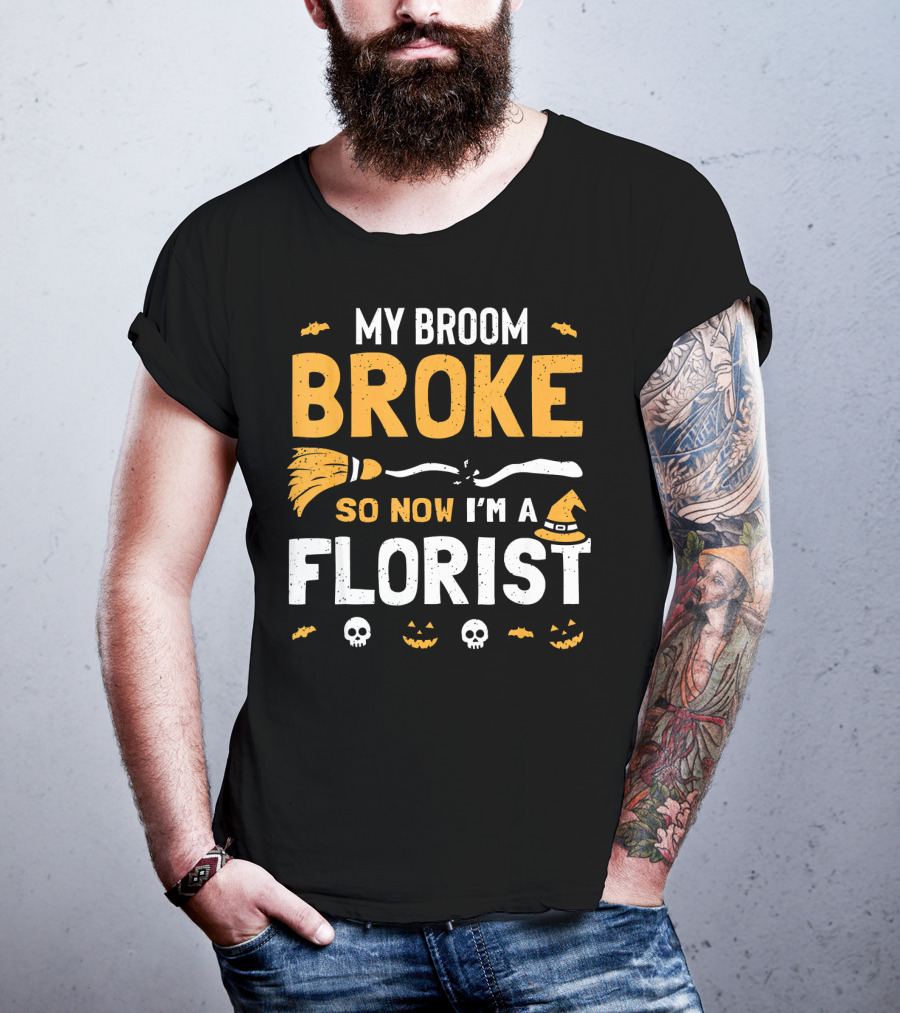 Broke Broom Halloween Florist Costume With Witch Hat And Pumpkins T-Shirt