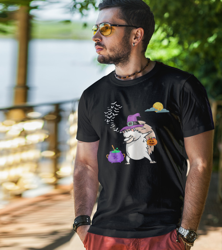 Dabbing Hedgehog Witch Halloween Costume With Cauldron Moon And Pumpkin Candy Bucket T-Shirt