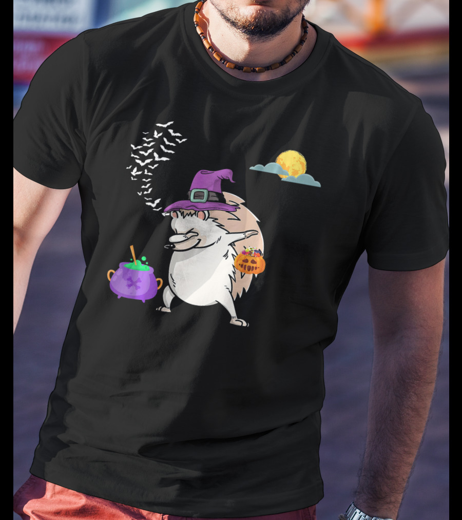 Dabbing Hedgehog Witch Halloween Costume With Cauldron Moon And Pumpkin Candy Bucket T-Shirt