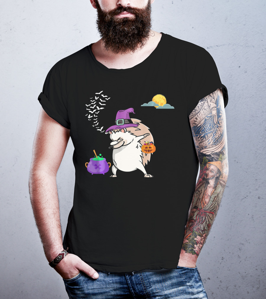 Dabbing Hedgehog Witch Halloween Costume With Cauldron Moon And Pumpkin Candy Bucket T-Shirt