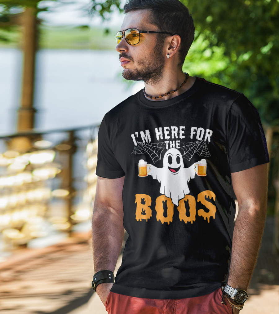I'm Here For The Boos Halloween Drinking Ghost With Beers T-Shirt
