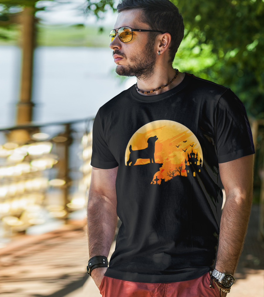 Halloween Costume Jack Russell Terrier Moonlit Haunted Castle Scene T-Shirt