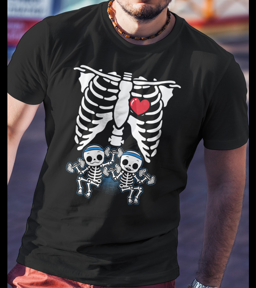Funny Pregnant Mom Twins Babies Skeleton Rib Cage Heart T-Shirt
