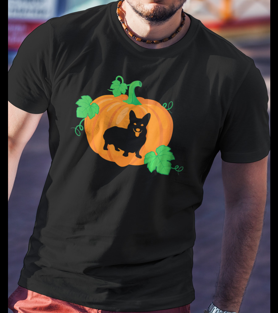 Corgi Dog Pumpkin Halloween Silhouette With Leaves T-Shirt