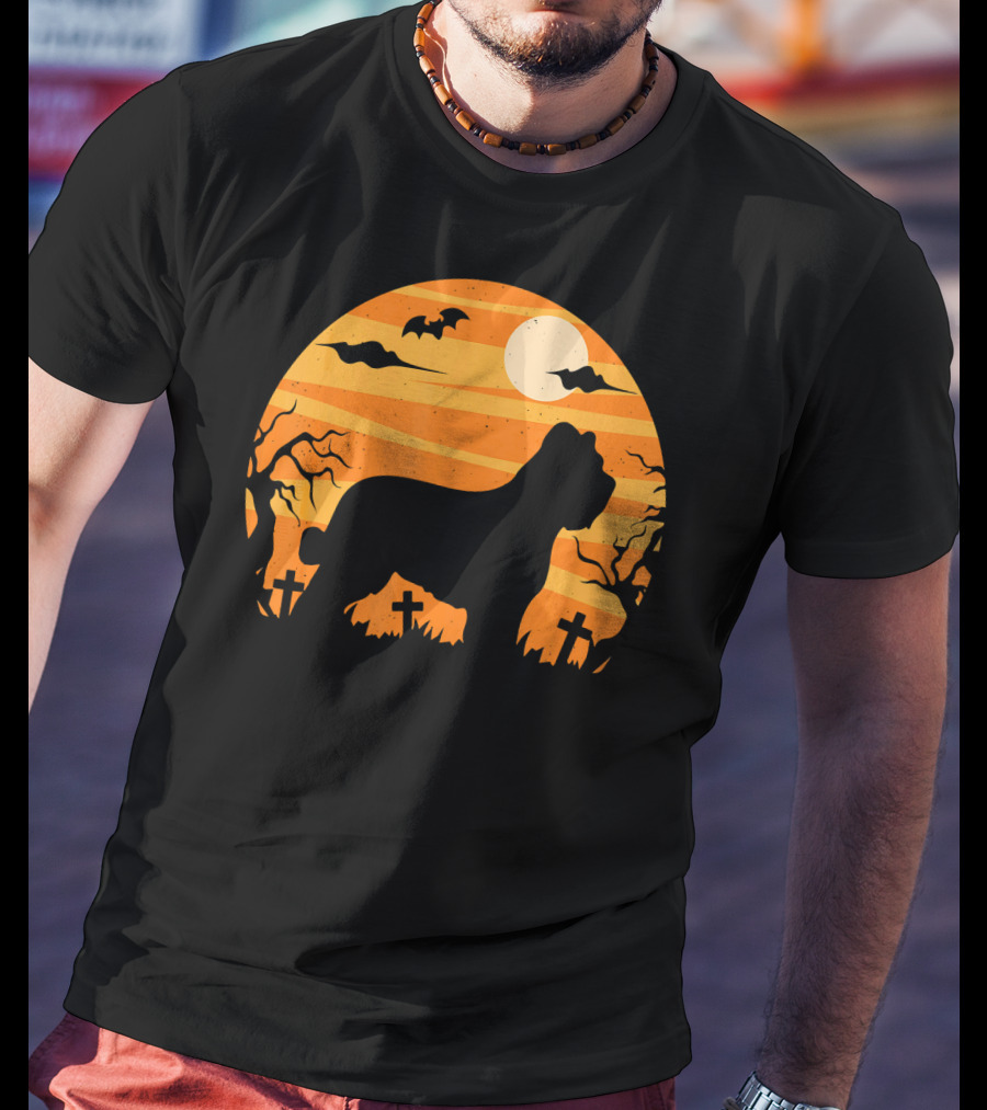 Briard Dog Halloween Moonlit Graveyard Scene T-Shirt