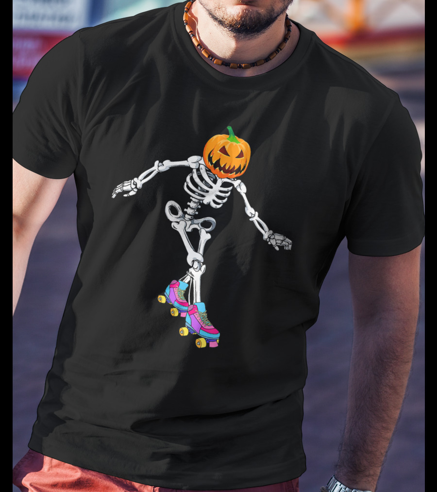 Halloween Skeleton Pumpkin Head Roller Skater T-Shirt
