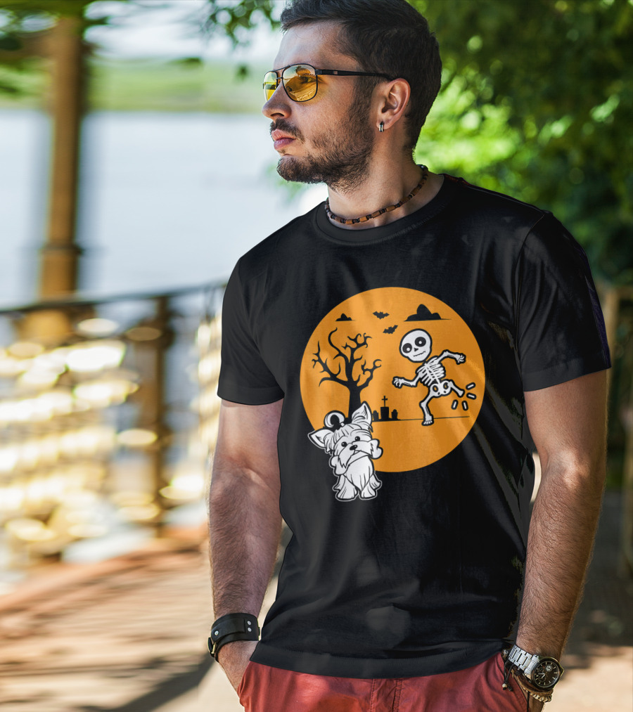 Yorkshire Terrier Halloween Costume Skeleton Dance Moon Bat Graveyard T-Shirt