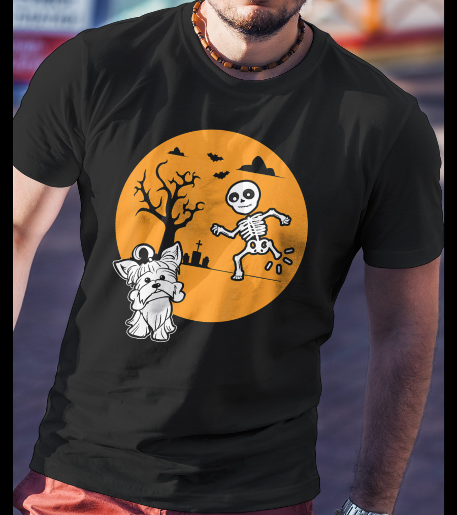 Yorkshire Terrier Halloween Costume Skeleton Dance Moon Bat Graveyard T-Shirt