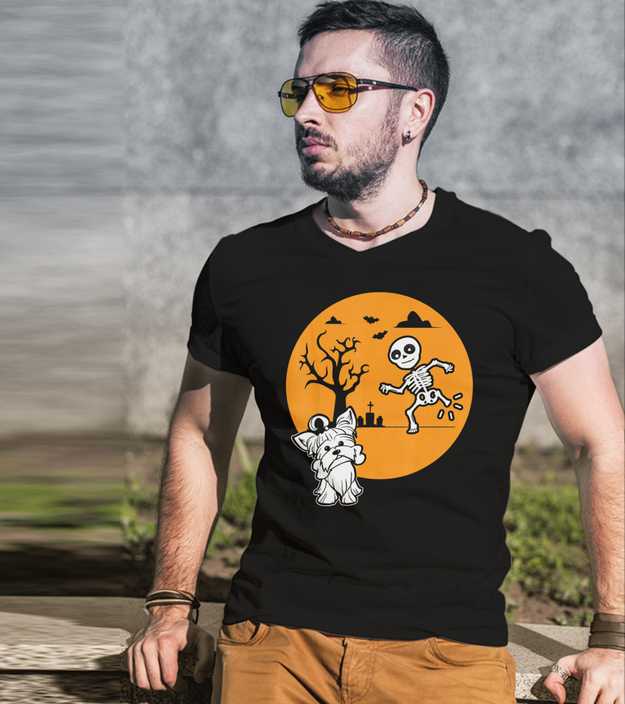 Yorkshire Terrier Halloween Costume Skeleton Dance Moon Bat Graveyard T-Shirt