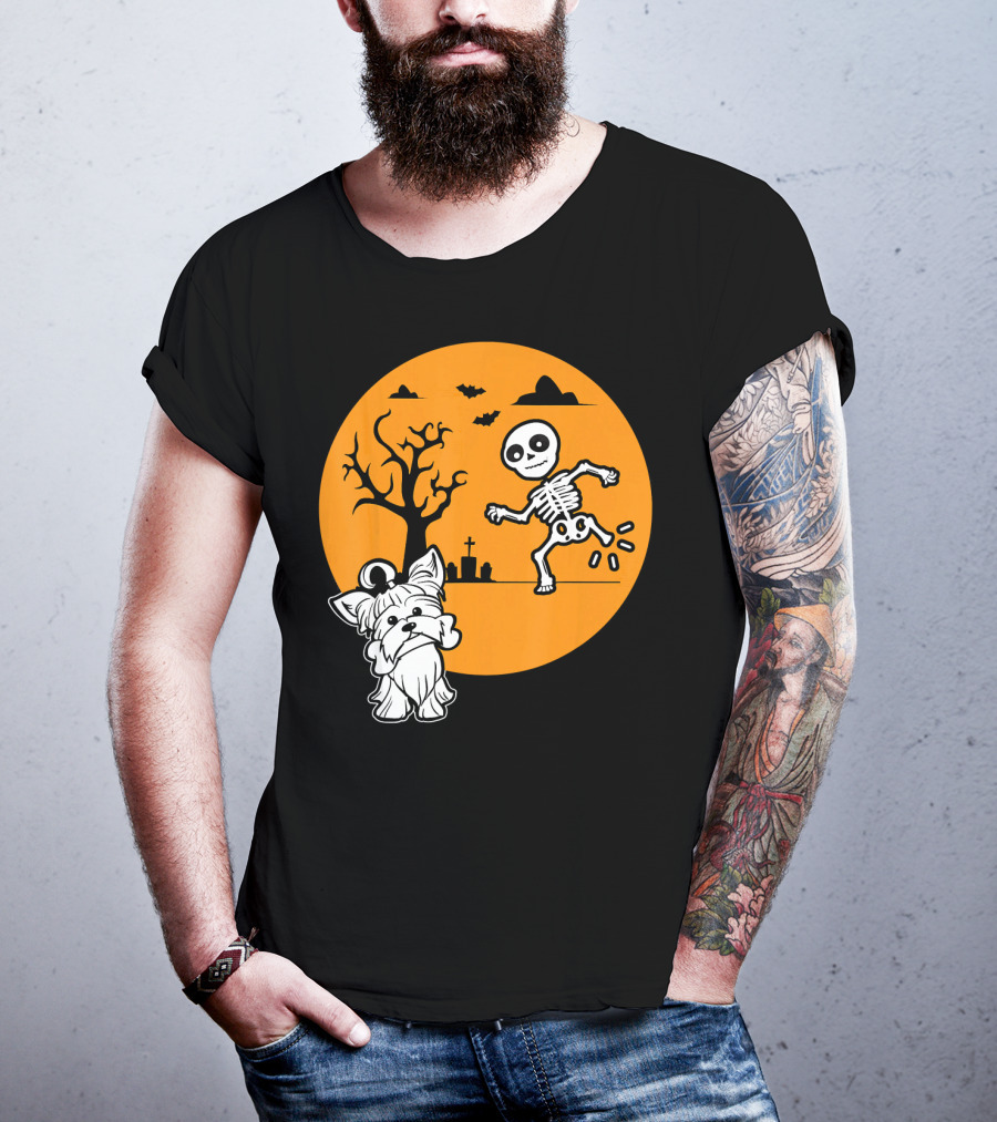 Yorkshire Terrier Halloween Costume Skeleton Dance Moon Bat Graveyard T-Shirt