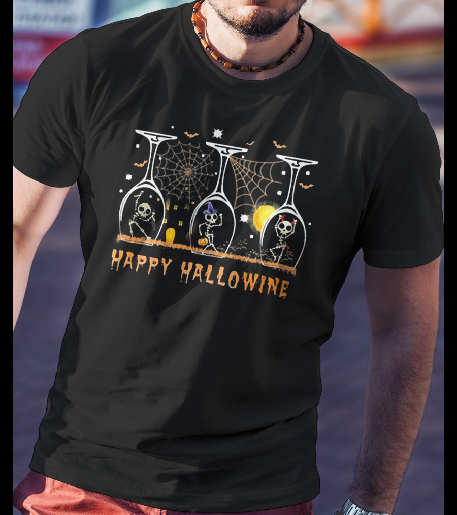 HAPPY HALLOWINE Skeletons In Wine Glasses With Spider Webs And Bats T-Shirt