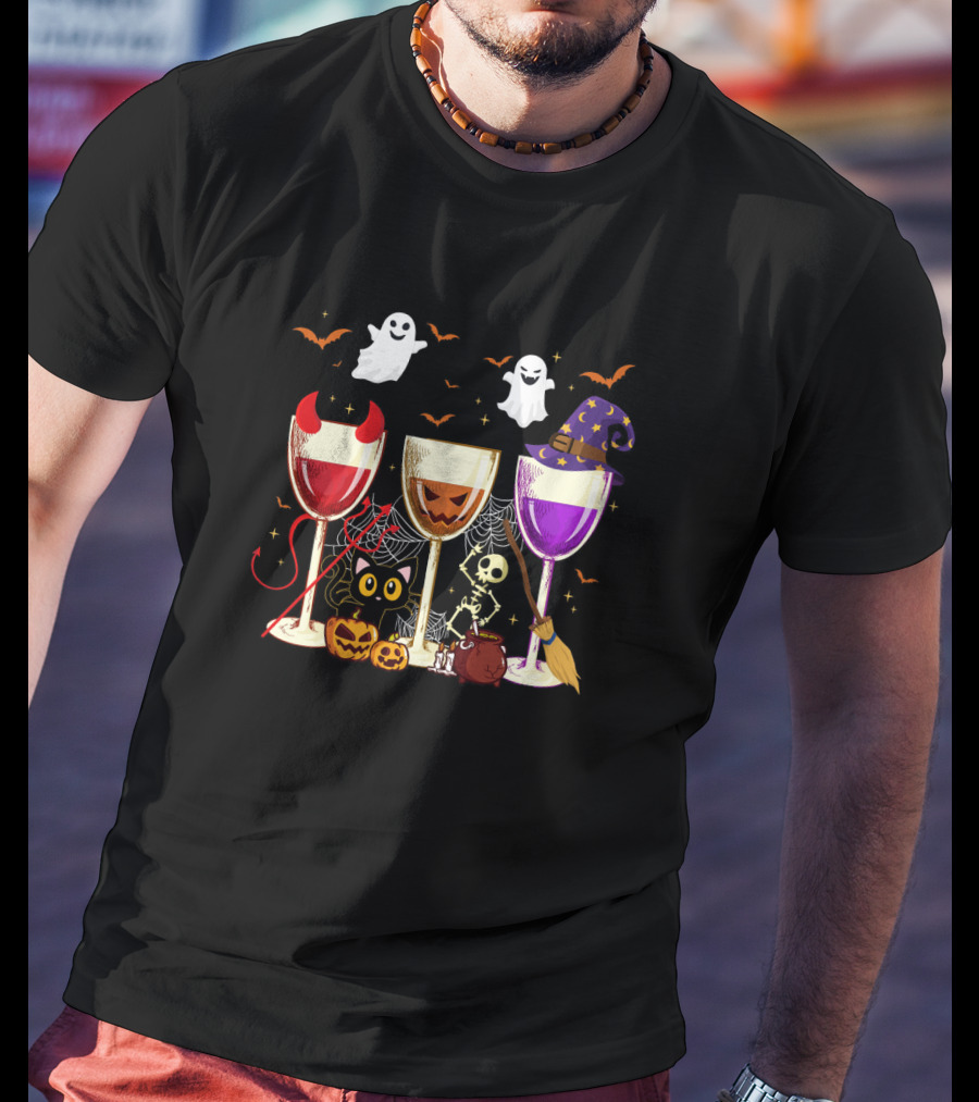 Halloween Wine Glasses Ghosts Pumpkins Bats Cat Skeleton Witches Hat T-Shirt