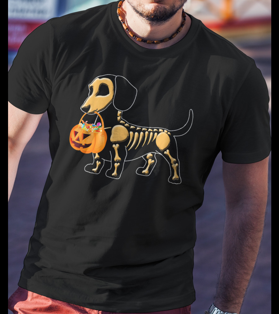 Happy Halloween Funny Dachshund Pumpkin Dog Skeleton Candy T-Shirt