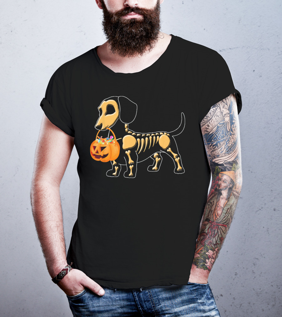 Happy Halloween Funny Dachshund Pumpkin Dog Skeleton Candy T-Shirt