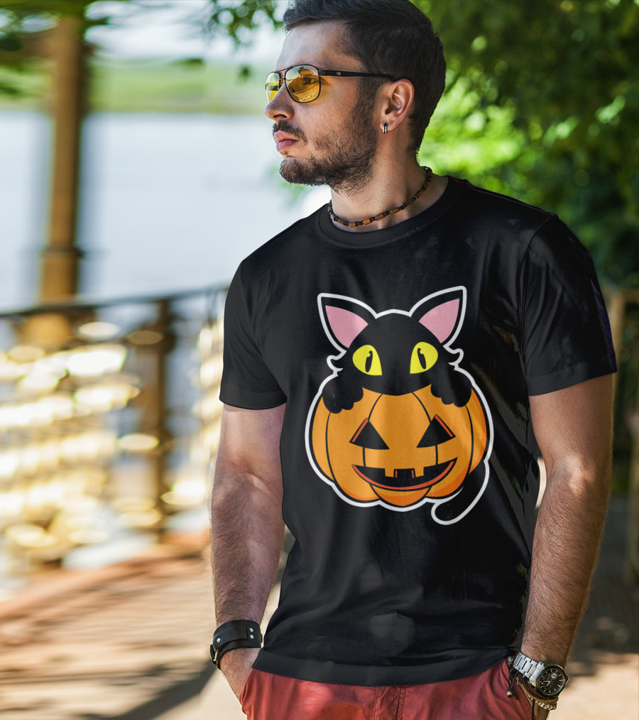 Black Cat Peeking Over Pumpkin Funny Scary Happy Halloween T-Shirt