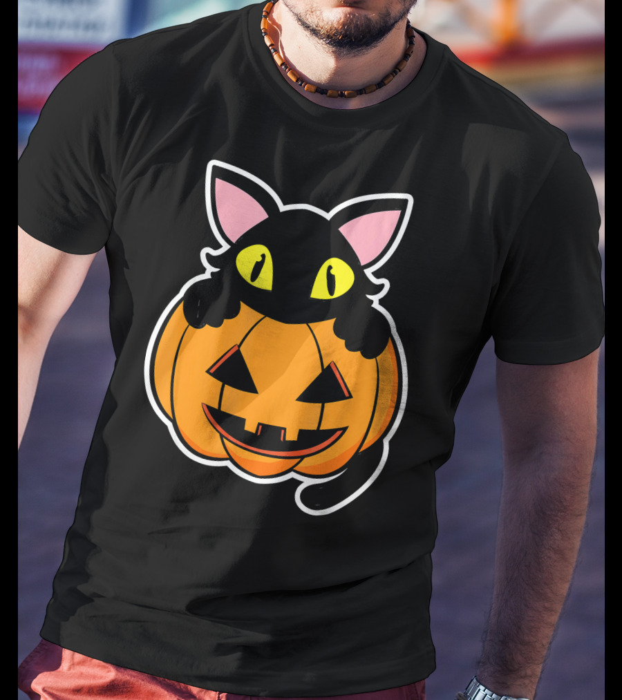 Black Cat Peeking Over Pumpkin Funny Scary Happy Halloween T-Shirt