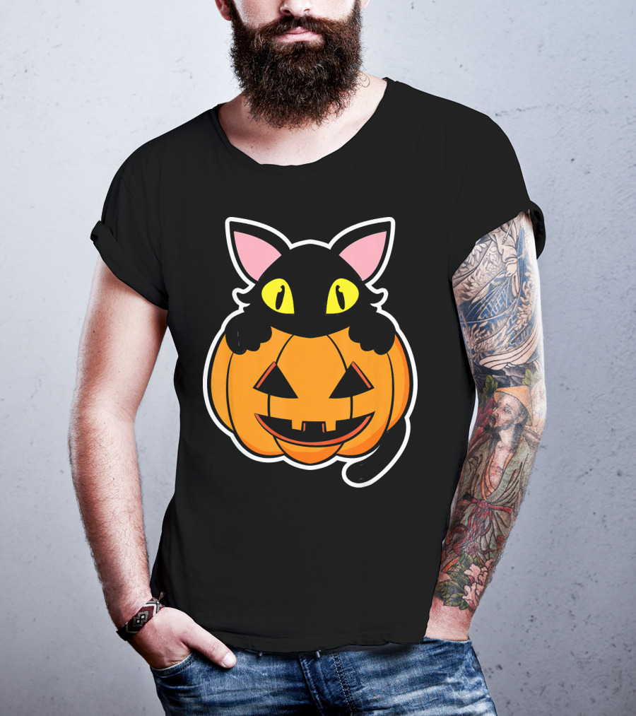 Black Cat Peeking Over Pumpkin Funny Scary Happy Halloween T-Shirt