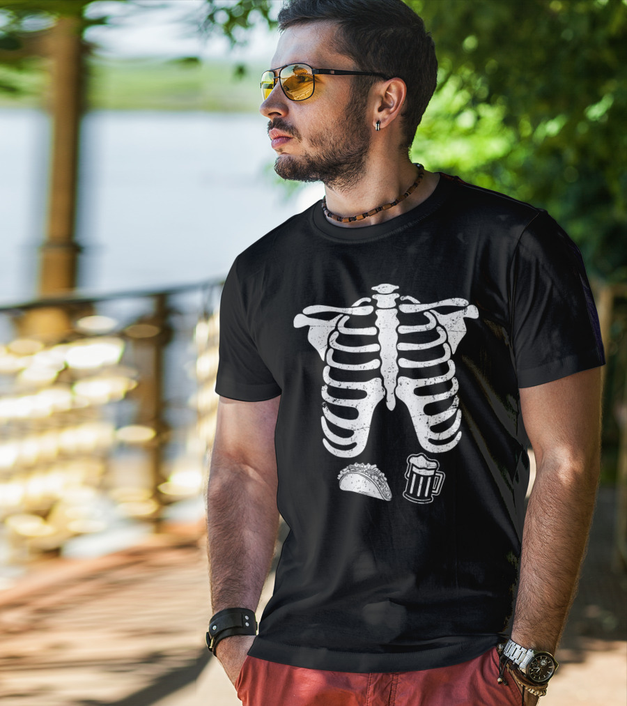 Mens Skeleton Ribcage Taco Beer Pregnancy T-Shirt