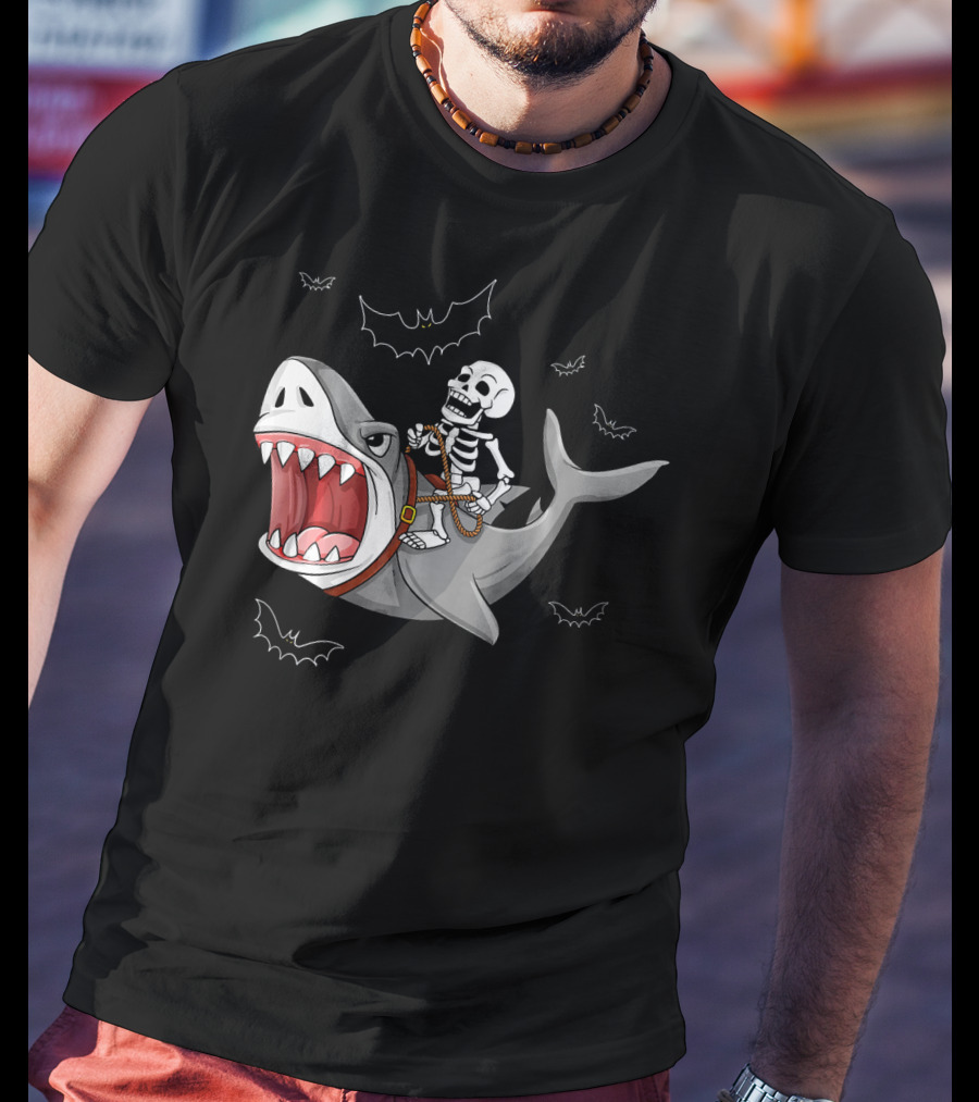 Skeleton Riding Shark Funny Halloween Bat T-Shirt