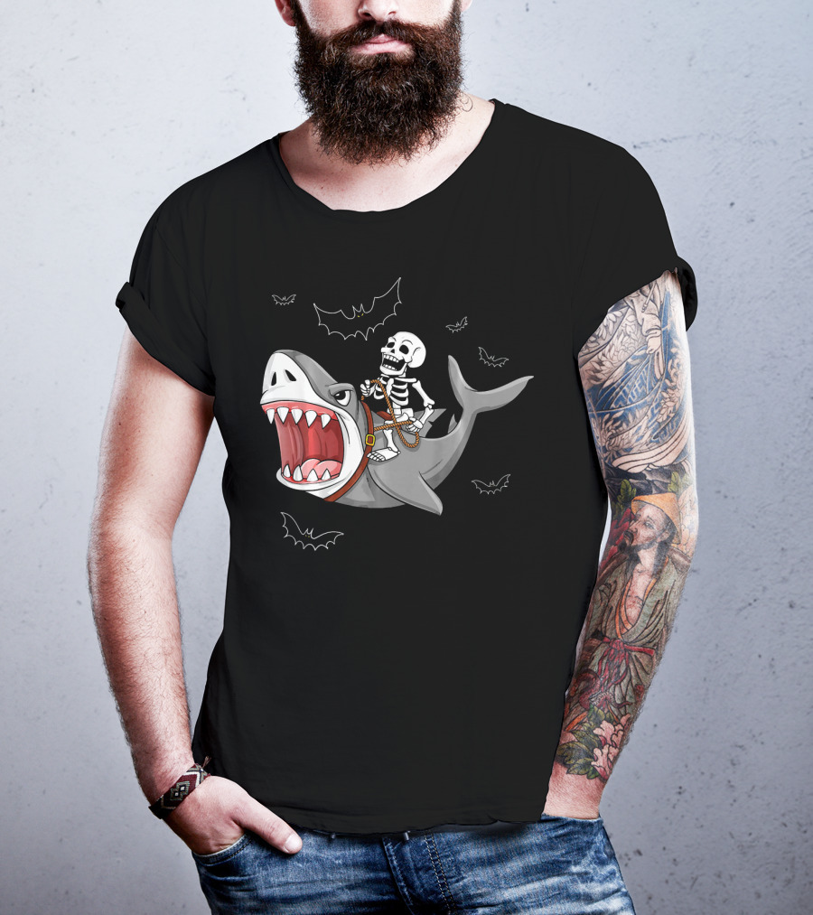 Skeleton Riding Shark Funny Halloween Bat T-Shirt