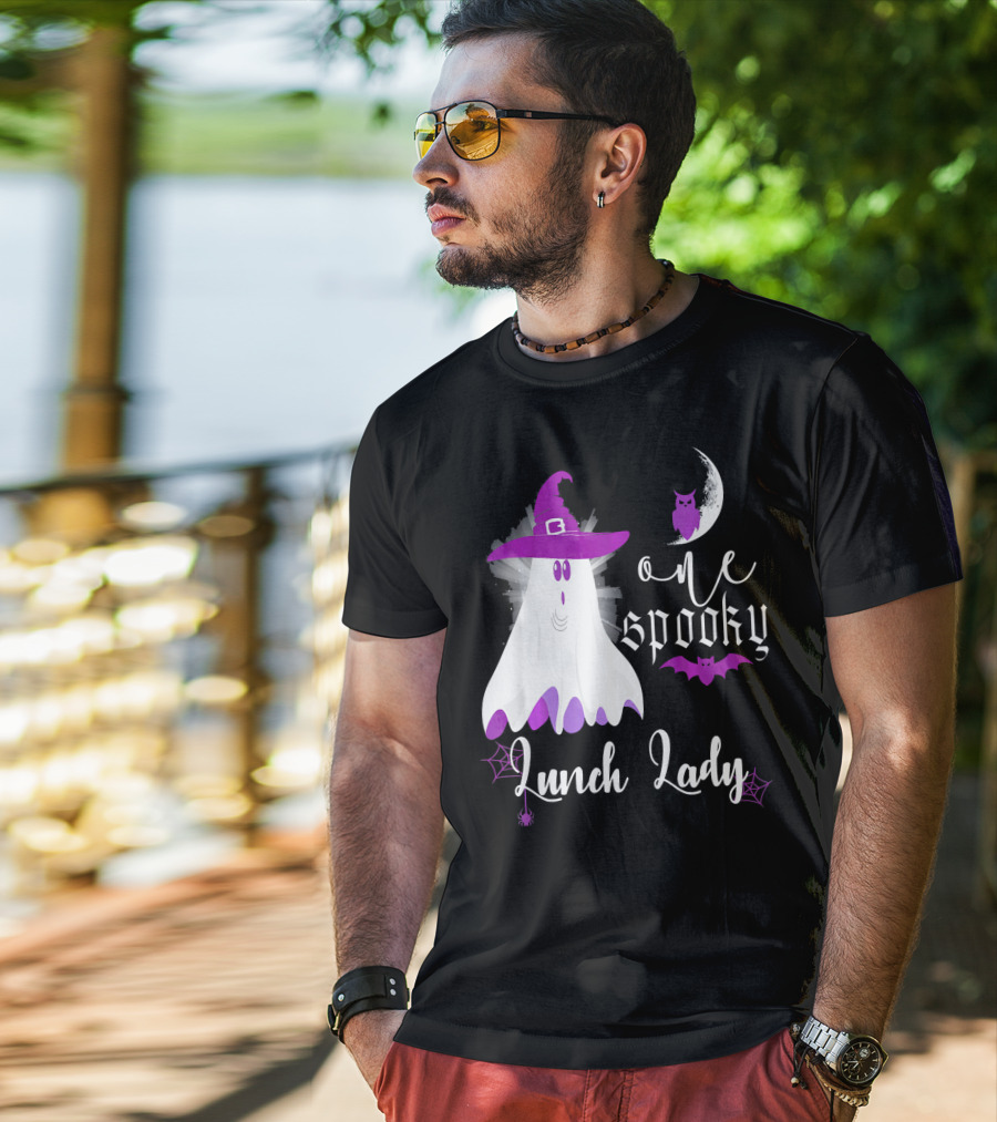One Spooky Lunch Lady Halloween Ghost With Purple Bat And Moon T-Shirt