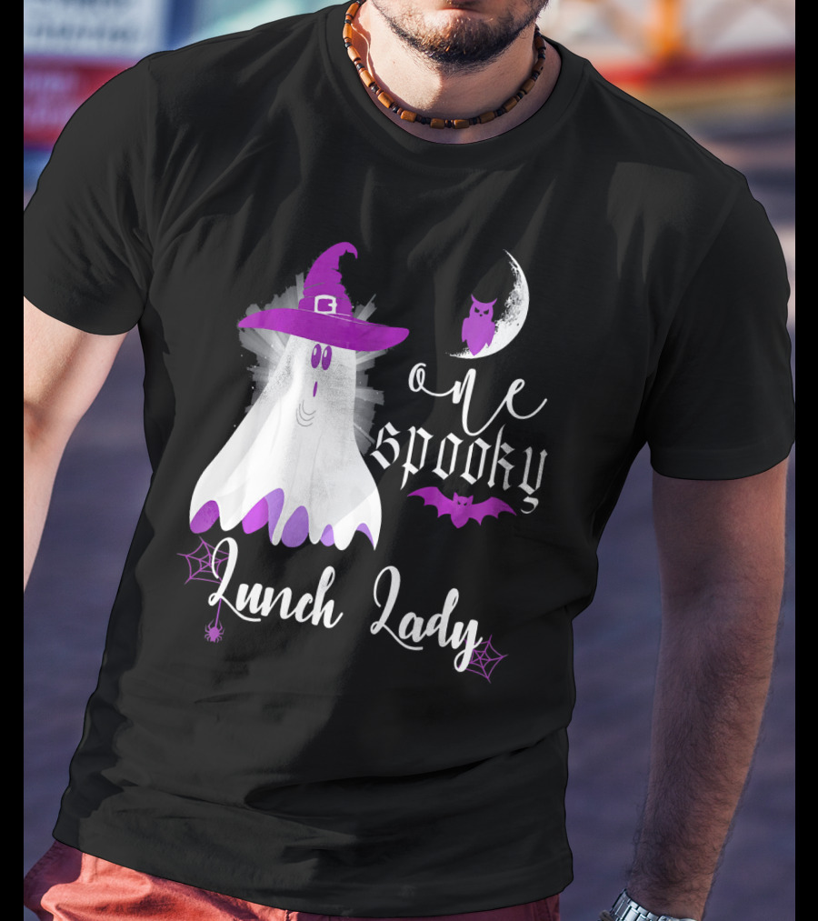 One Spooky Lunch Lady Halloween Ghost With Purple Bat And Moon T-Shirt
