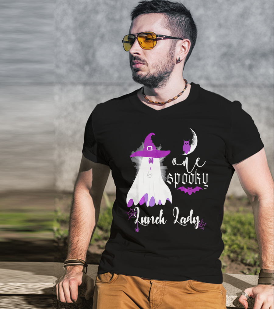 One Spooky Lunch Lady Halloween Ghost With Purple Bat And Moon T-Shirt