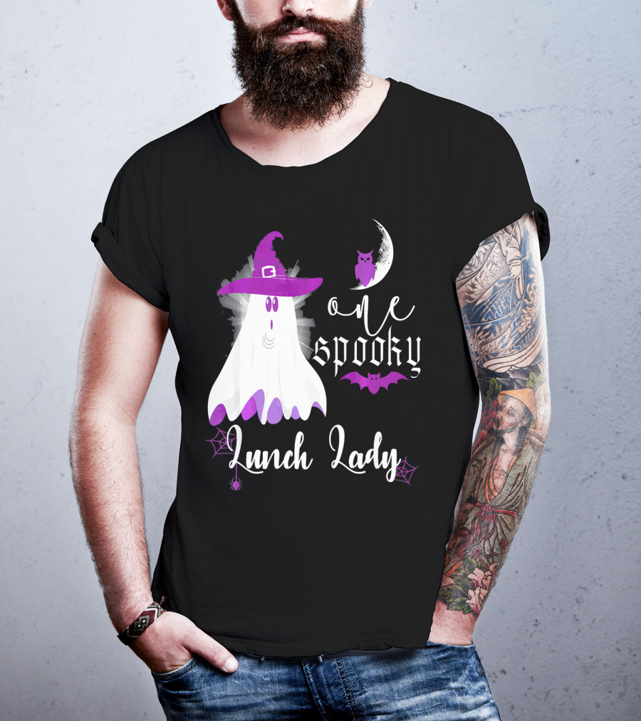 One Spooky Lunch Lady Halloween Ghost With Purple Bat And Moon T-Shirt