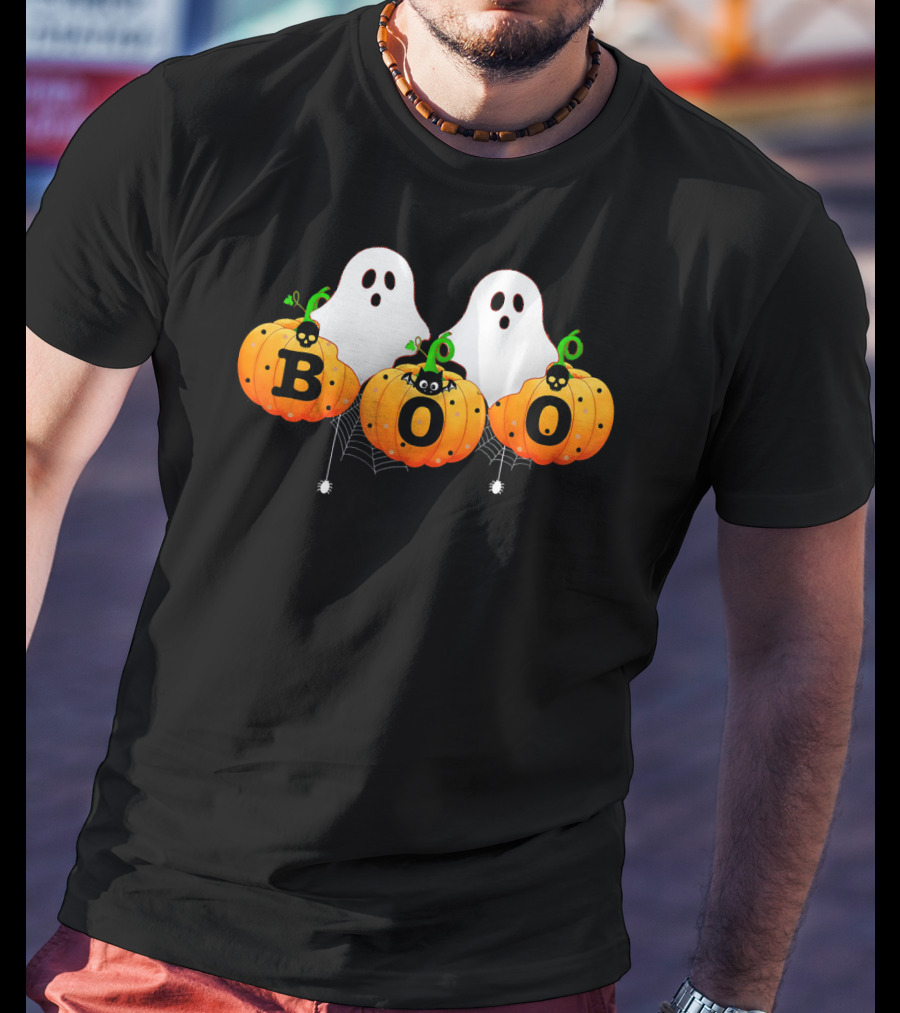 Boo Halloween Ghosts With Spiders And Pumpkins T-Shirt