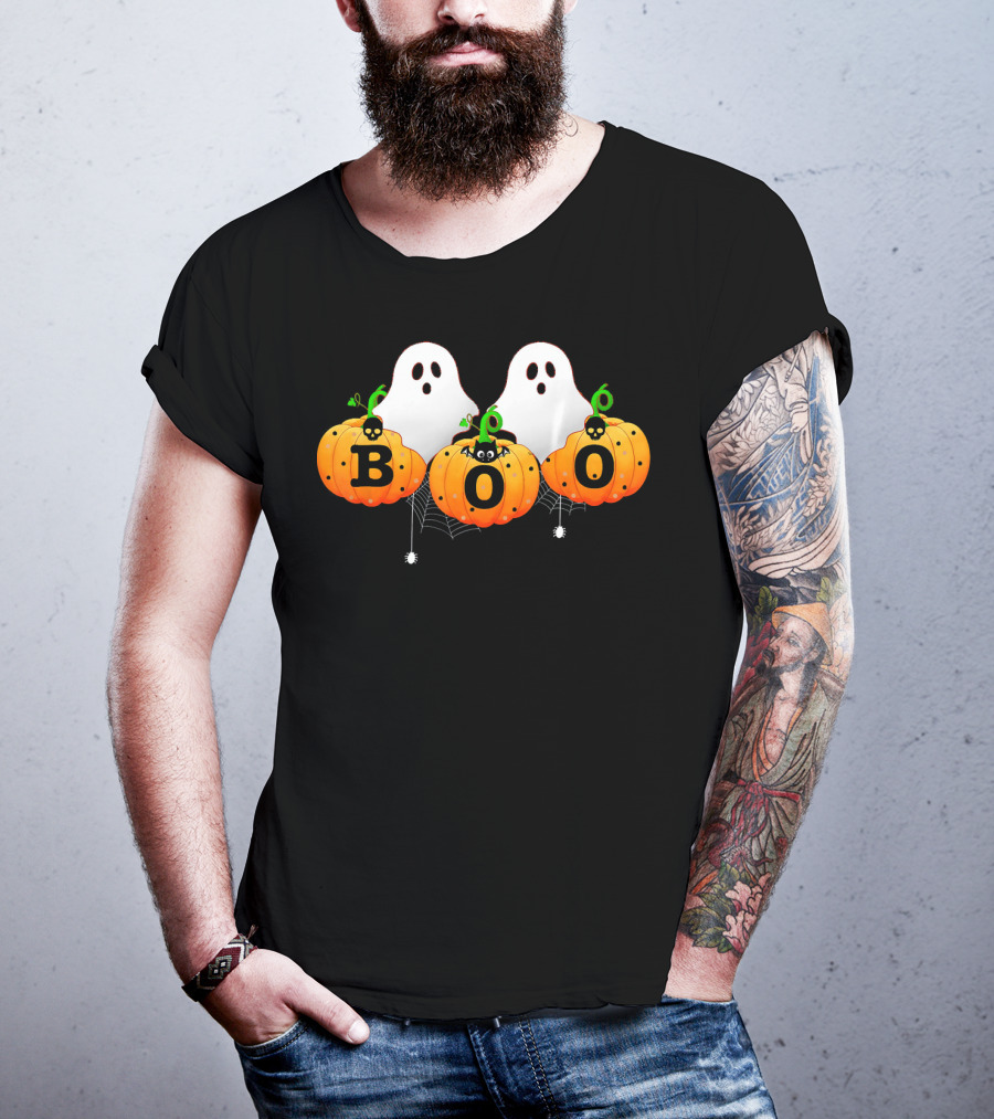 Boo Halloween Ghosts With Spiders And Pumpkins T-Shirt
