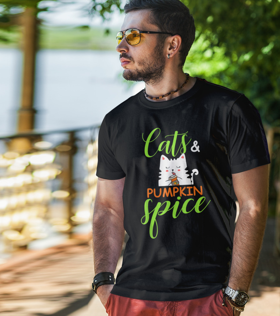 Cats And Pumpkin Spice Fall Autumn Cozy Cat With Coffee Cup T-Shirt
