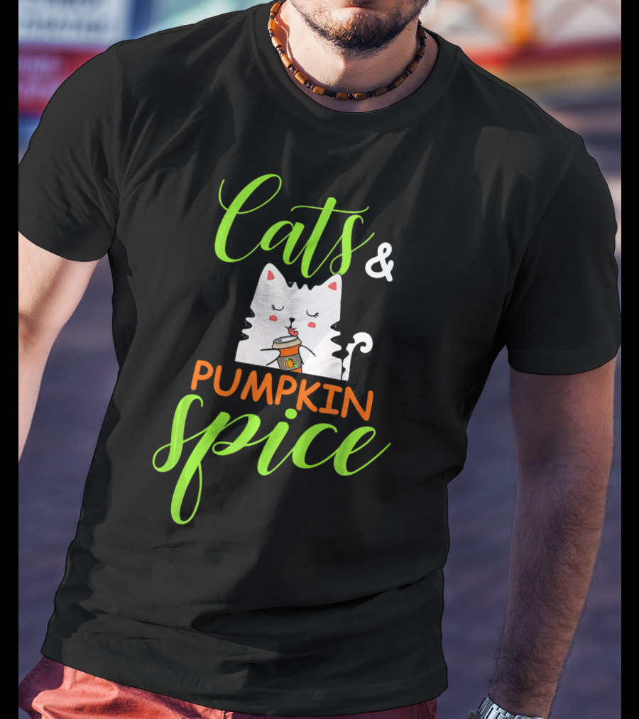 Cats And Pumpkin Spice Fall Autumn Cozy Cat With Coffee Cup T-Shirt