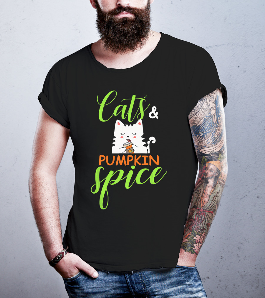 Cats And Pumpkin Spice Fall Autumn Cozy Cat With Coffee Cup T-Shirt
