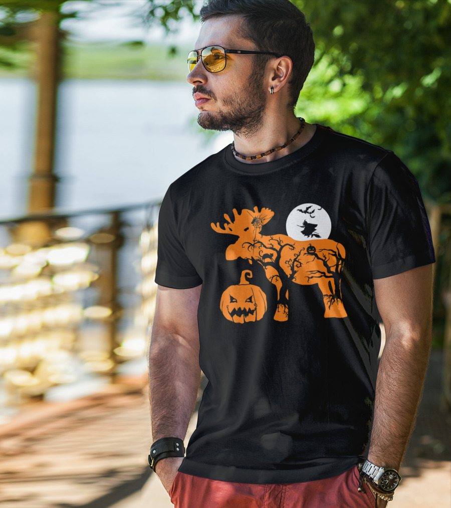 Witch Bat Moon Pumpkin Moose With Spider Web T-Shirt