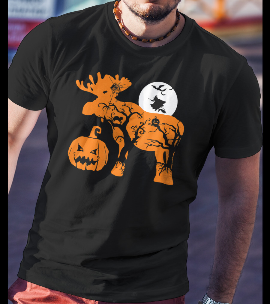Witch Bat Moon Pumpkin Moose With Spider Web T-Shirt