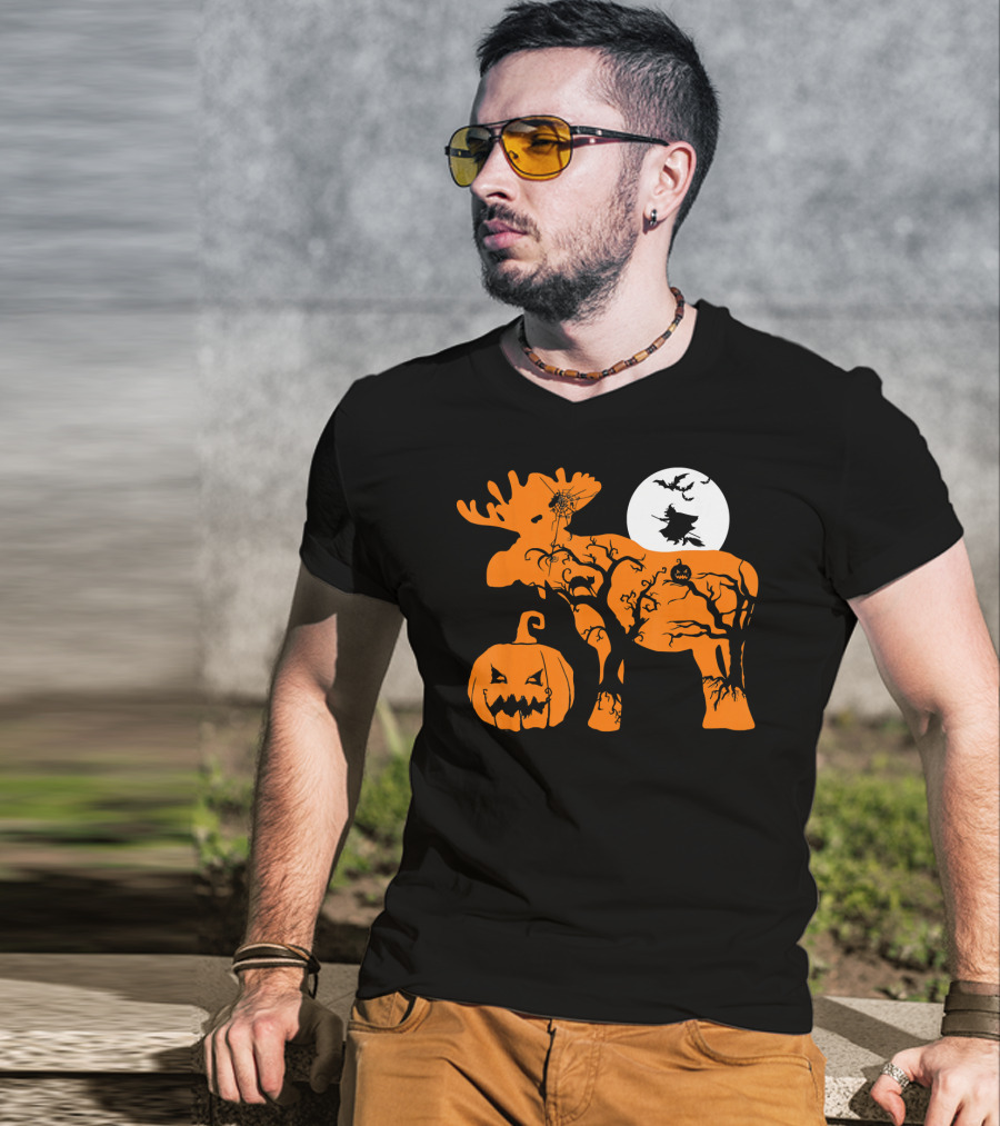 Witch Bat Moon Pumpkin Moose With Spider Web T-Shirt