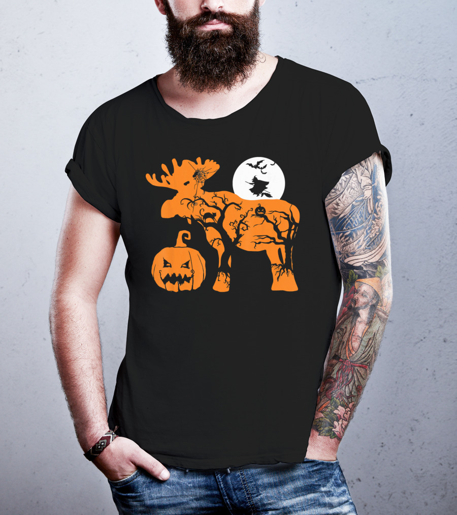 Witch Bat Moon Pumpkin Moose With Spider Web T-Shirt