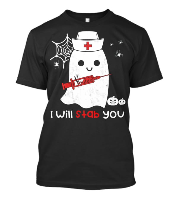 Nurse Ghost I Will Stab You Halloween Spiders Pumpkins T-Shirt