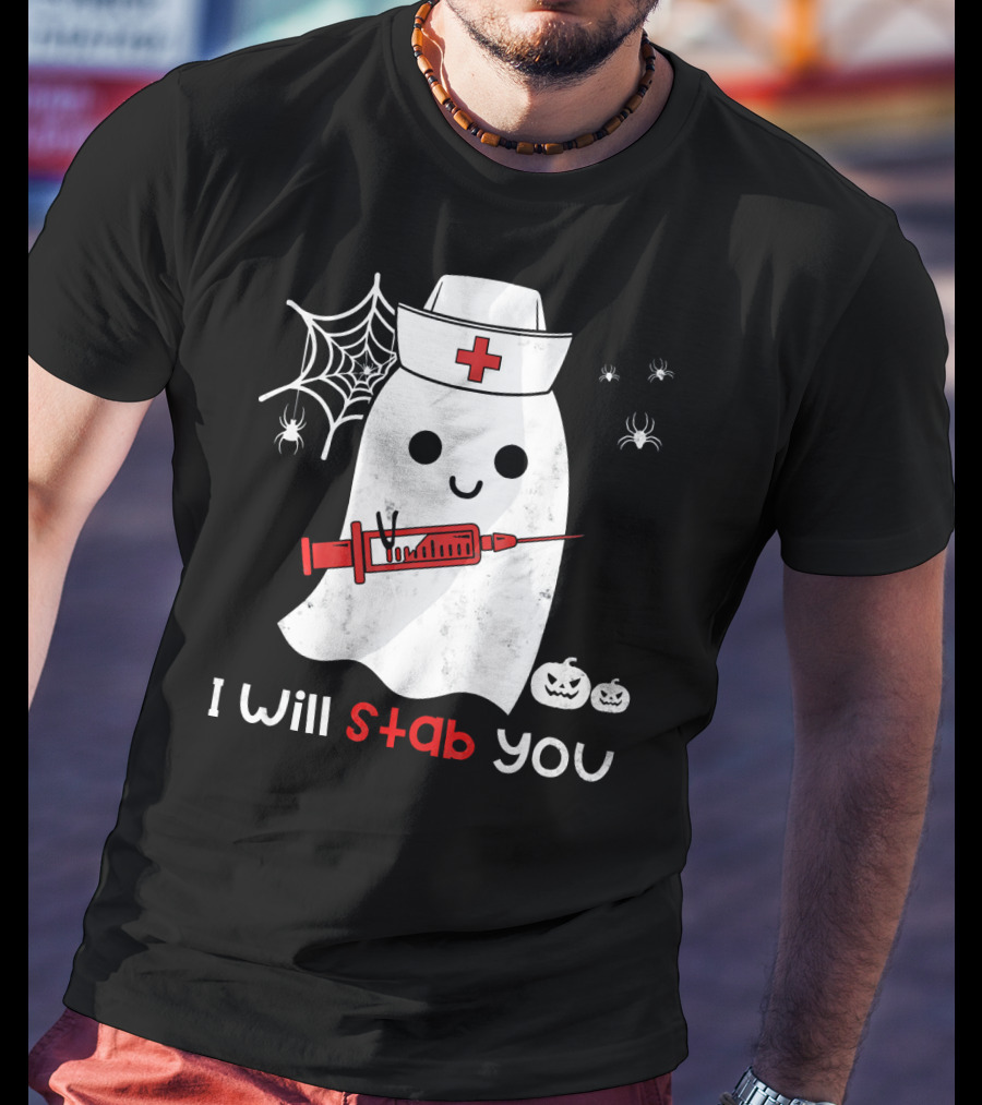 Nurse Ghost I Will Stab You Halloween Spiders Pumpkins T-Shirt