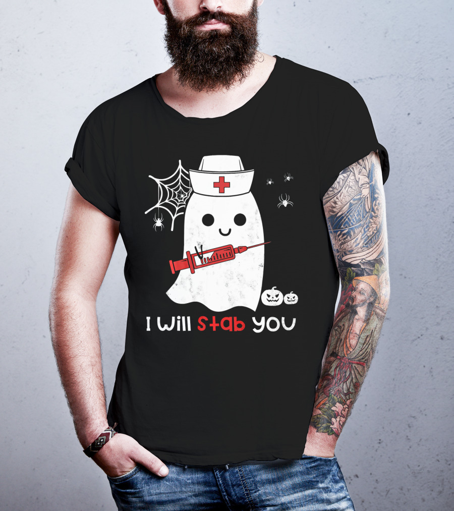 Nurse Ghost I Will Stab You Halloween Spiders Pumpkins T-Shirt