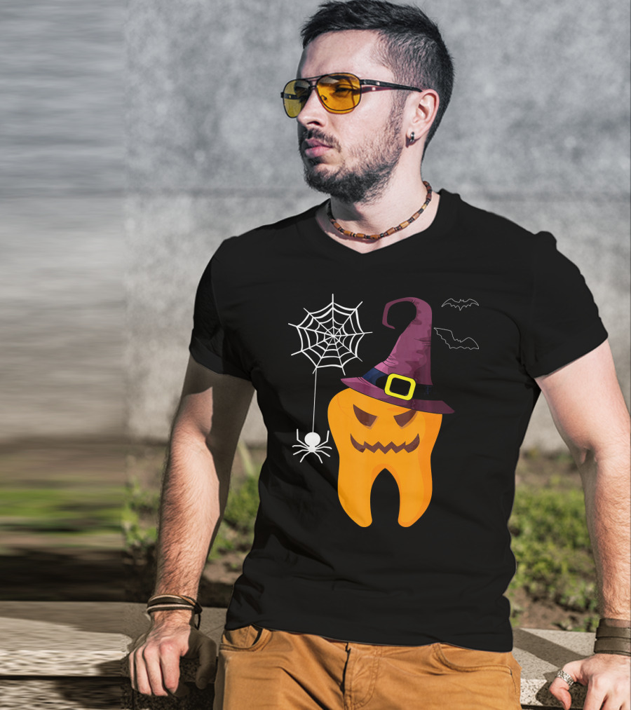 Halloween Dental Witch Dentist Tooth With Spider And Hat T-Shirt