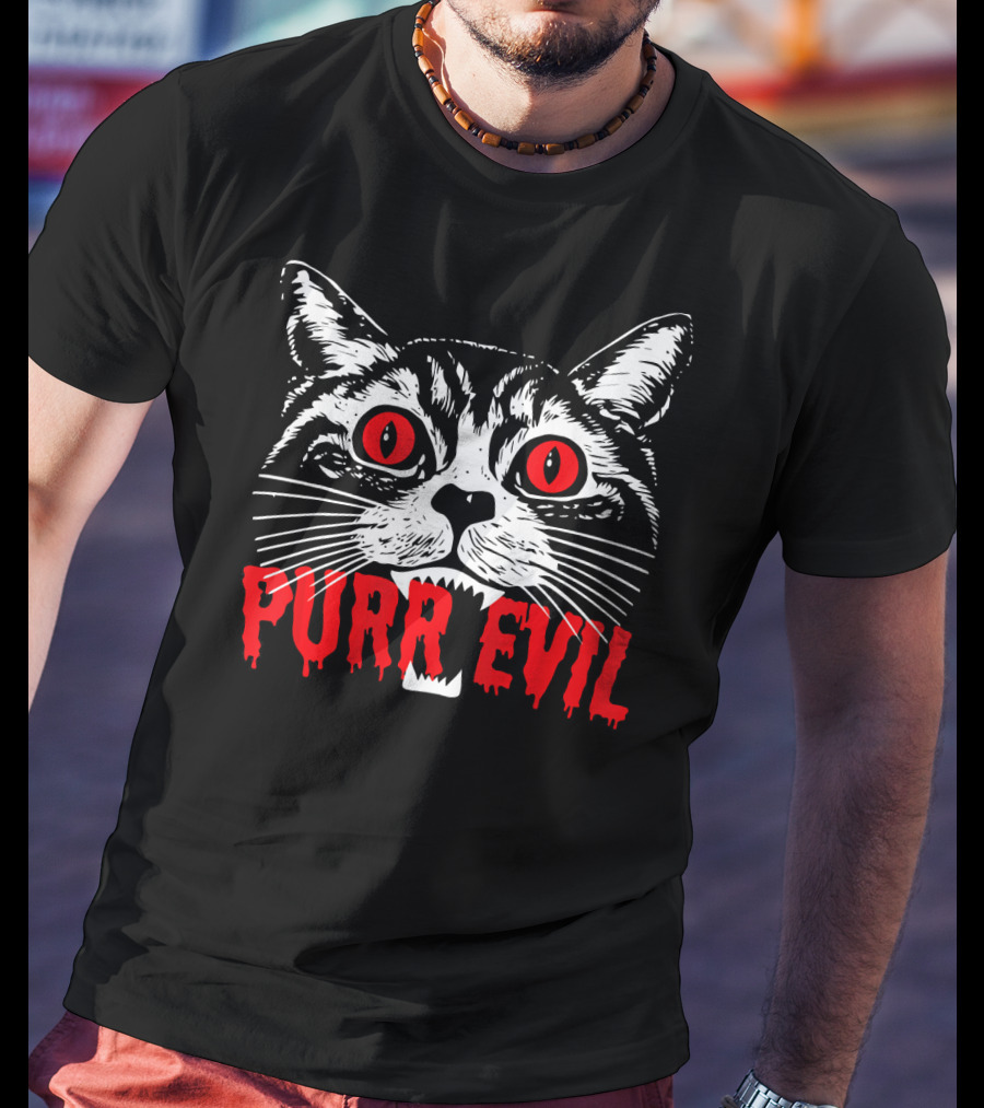 Purr Evil Satanic Cat Red Eyes Halloween T-Shirt