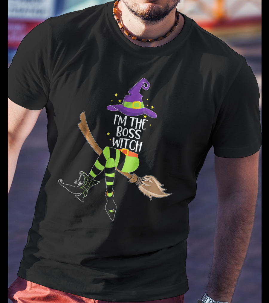 I'm The Boss Witch Halloween Witch Hat Broomstick Stripes T-Shirt