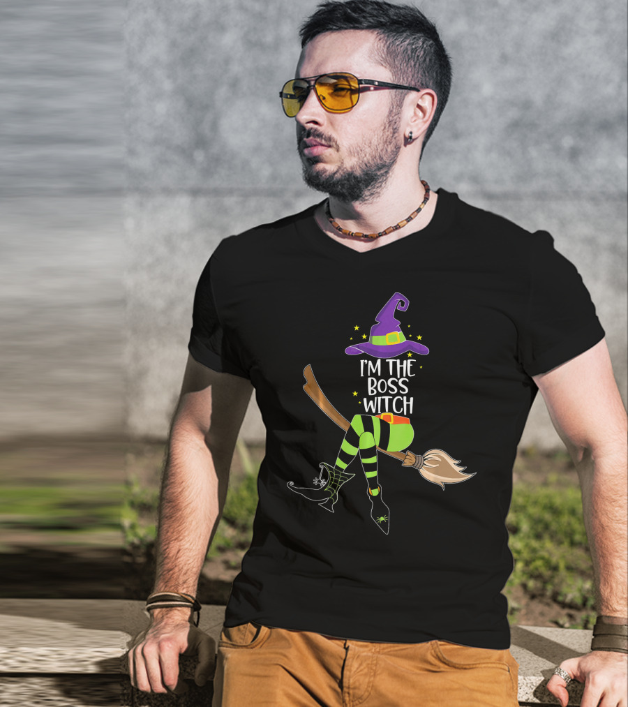I'm The Boss Witch Halloween Witch Hat Broomstick Stripes T-Shirt