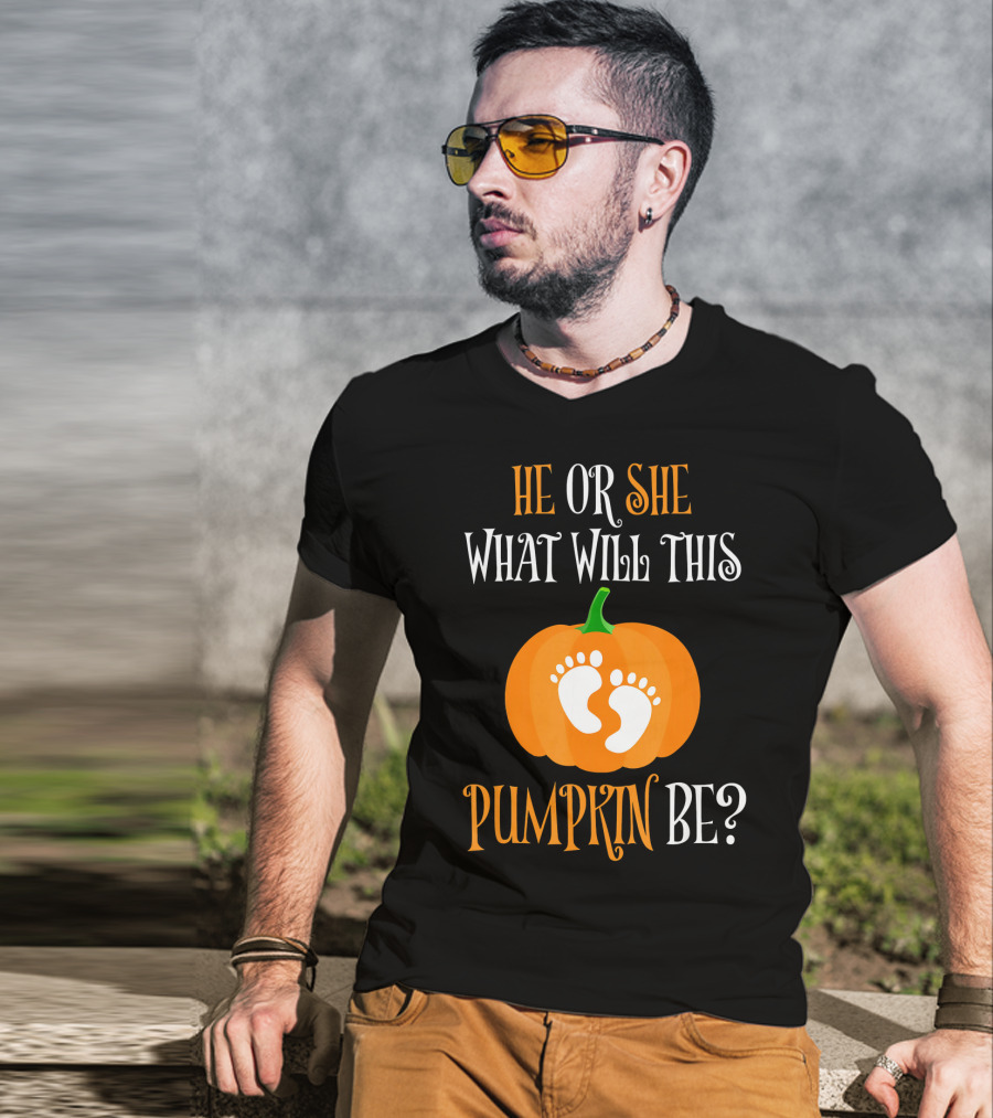 He Or She What Will This Pumpkin Be Gender Reveal Pregnancy T-Shirt