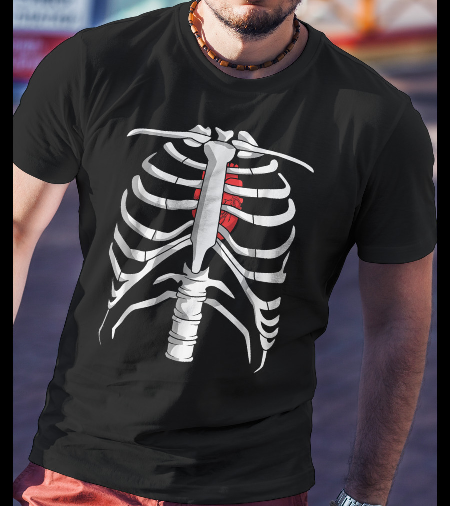 Skeleton Ribcage With Red Heart Day Of The Dead T-Shirt