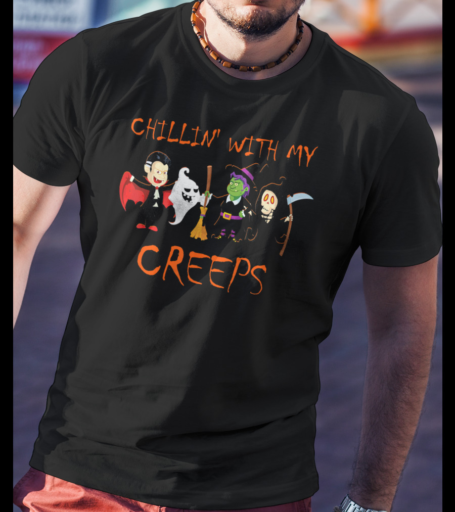 CHILLIN' WITH MY CREEPS Vampire Ghost Witch Scarecrow T-Shirt