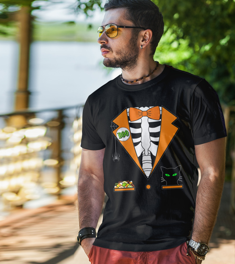 Easy Halloween Costume Orange Skeleton Tuxedo With Candy Bowl And Black Cat T-Shirt