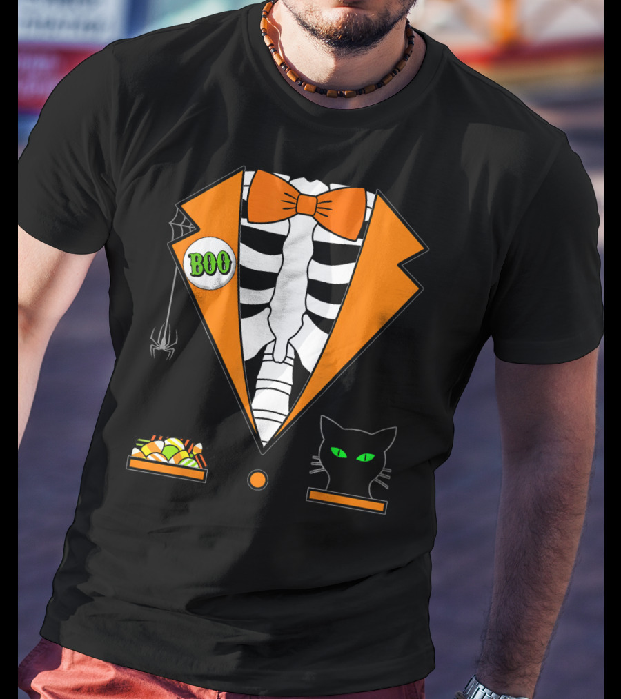 Easy Halloween Costume Orange Skeleton Tuxedo With Candy Bowl And Black Cat T-Shirt