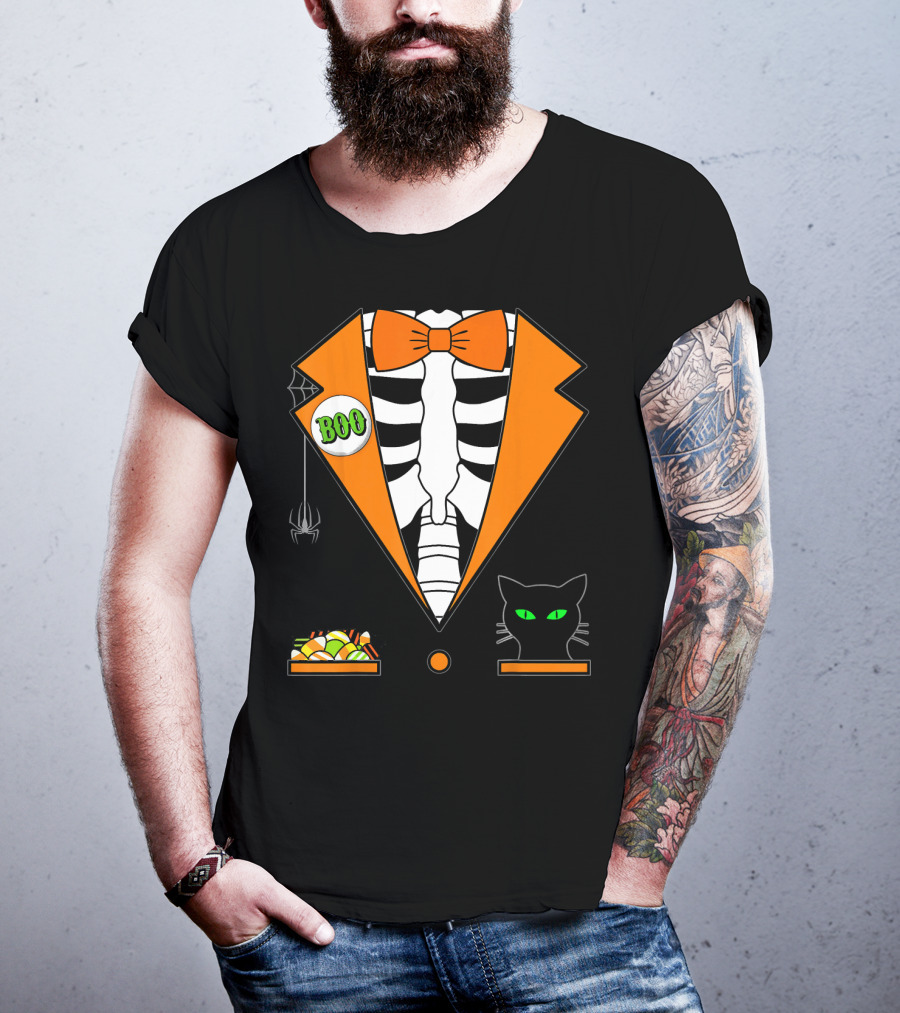 Easy Halloween Costume Orange Skeleton Tuxedo With Candy Bowl And Black Cat T-Shirt